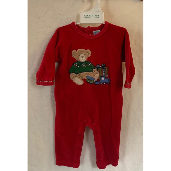 Little Me Other - Little Me Baby Red Velour Christmas Teddy Bear Train Romper 9M Holiday Jumpsuit